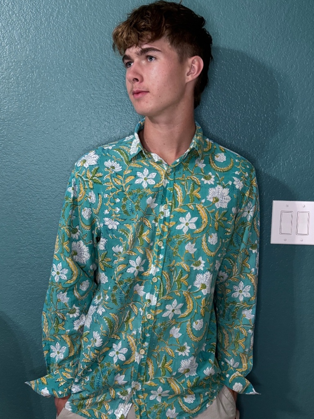 Wild Rose hand-block printed slow fashion ethical floral button-down  - L